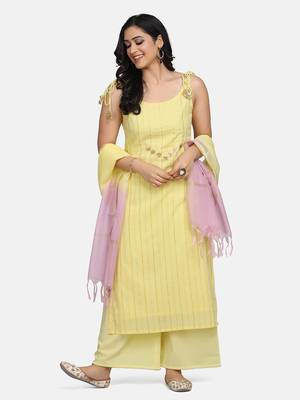 Yellow Embroidered Kurta And Palazzo With Ombre Dupatta 2