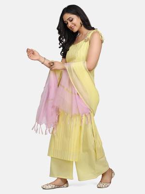 Yellow Embroidered Kurta And Palazzo With Ombre Dupatta 3