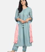 Blue Embroidered Kurta With Pant And Dupatta