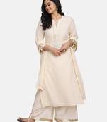 Off White Embroidered Kurta With Palazzo And Dupatta