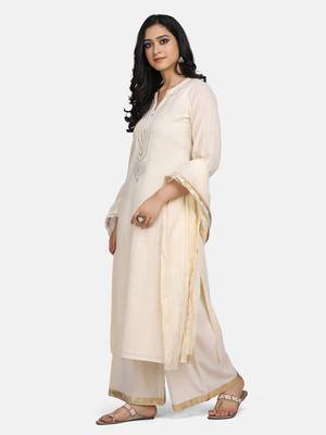 Off White Embroidered Kurta With Palazzo And Dupatta 2