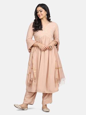 Beige Embrodiered Kurta With Pant And Dupatta 1