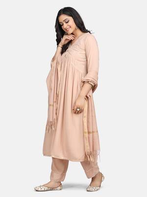Beige Embrodiered Kurta With Pant And Dupatta 2