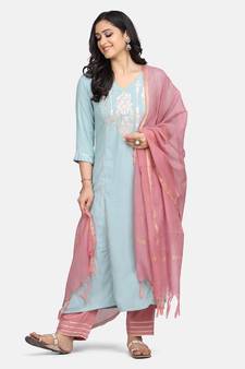 BLUE EMBROIDERED KURTA WITH PALAZZO AND DUPATTA