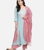 Blue Embroidered Kurta With Palazzo And Dupatta