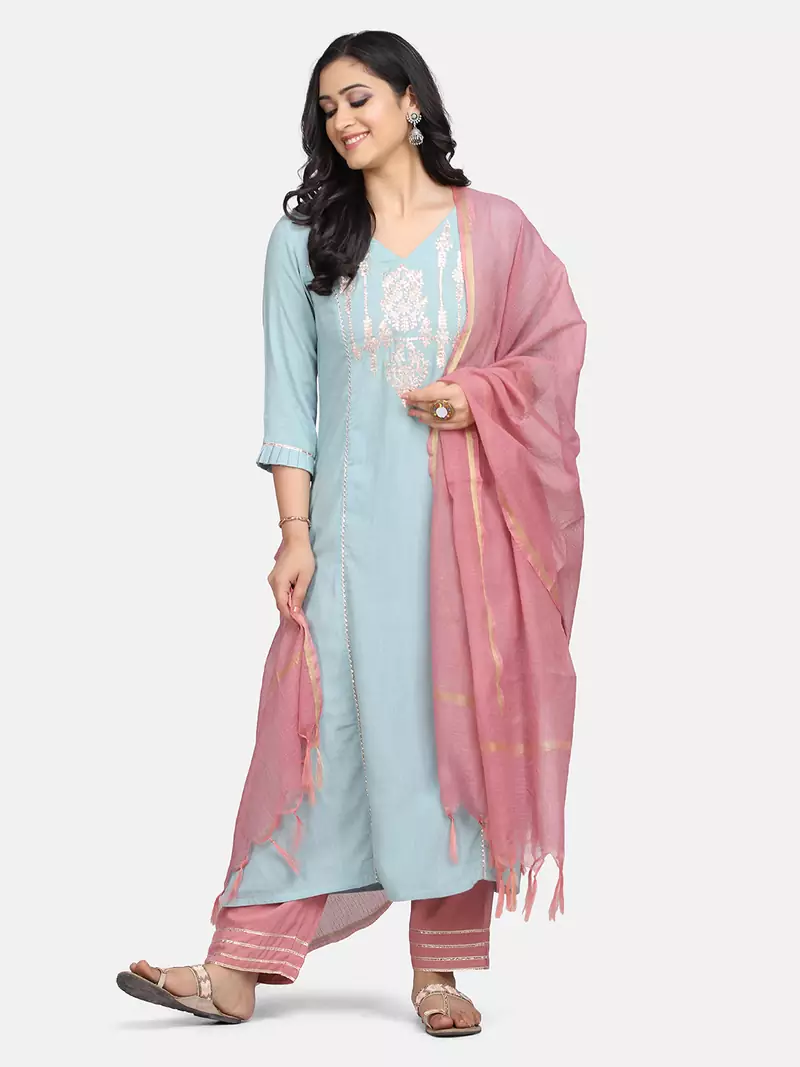 BLUE EMBROIDERED KURTA WITH PALAZZO AND DUPATTA