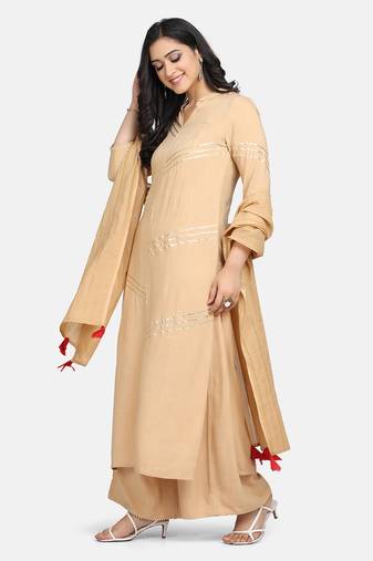 beige lace attached kurta with palazzo and dupatta