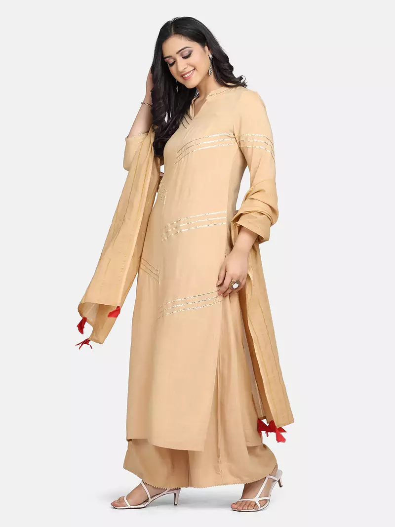 beige lace attached kurta with palazzo and dupatta