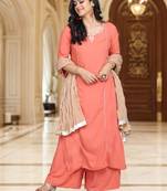 Coral  Embroidered Kurta With Palazzo And Dupatta