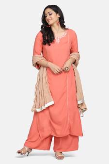 CORAL  EMBROIDERED KURTA WITH PALAZZO AND DUPATTA