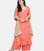 CORAL  EMBROIDERED KURTA WITH PALAZZO AND DUPATTA