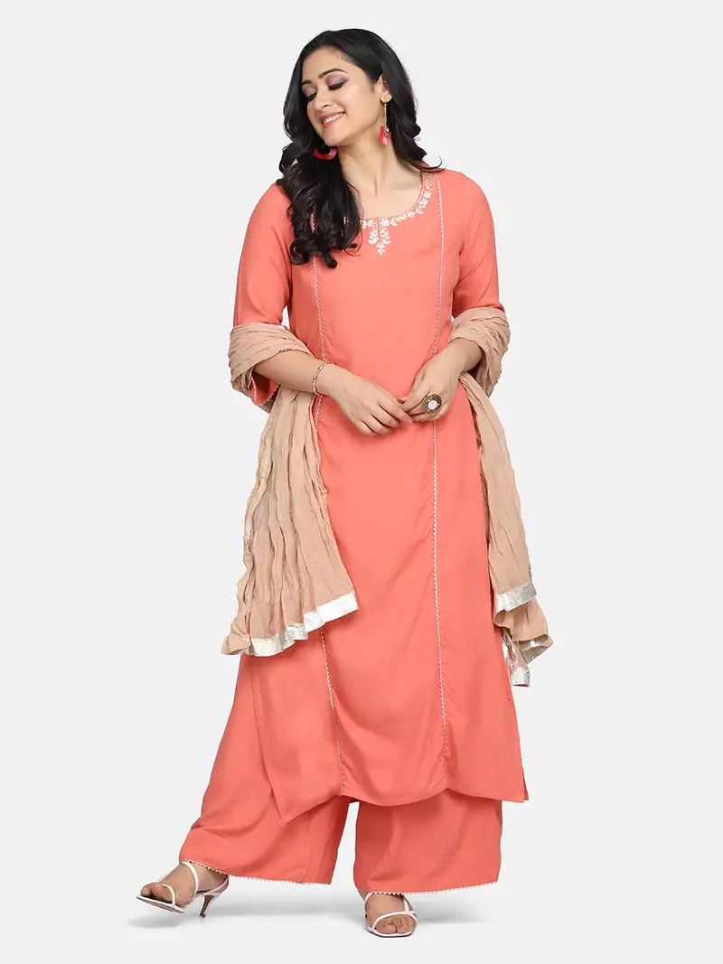 CORAL  EMBROIDERED KURTA WITH PALAZZO AND DUPATTA