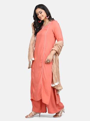 Coral  Embroidered Kurta With Palazzo And Dupatta 2