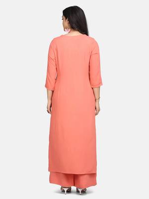 Coral  Embroidered Kurta With Palazzo And Dupatta 3