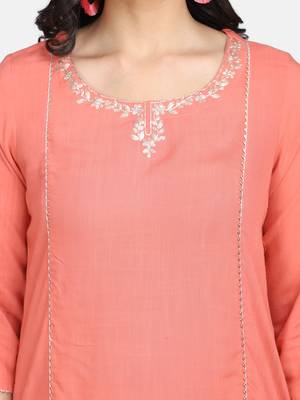 Coral  Embroidered Kurta With Palazzo And Dupatta 4