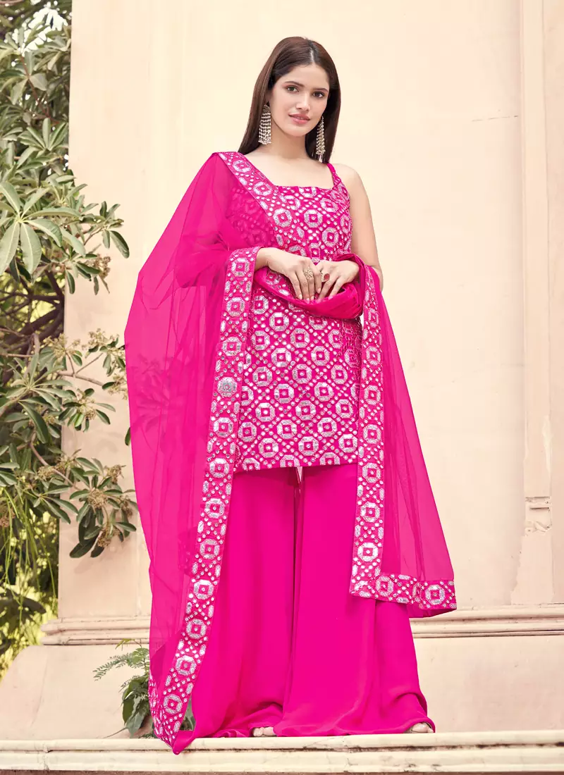 Pink embroidered georgette Palazzo Pakistani Suit