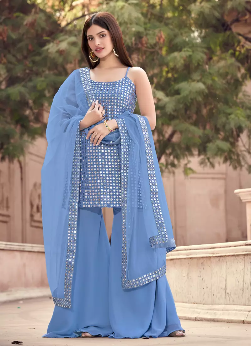 Grey embroidered georgette sharara Pakistani Suit