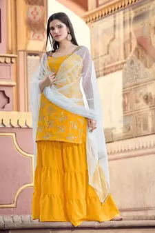 Mustard embroidered crepe sharara Pakistani Suit
