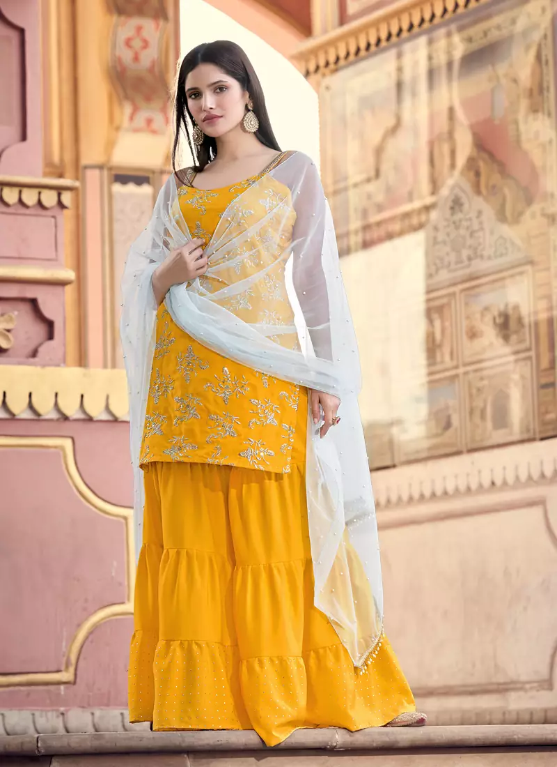Mustard embroidered crepe sharara Pakistani Suit