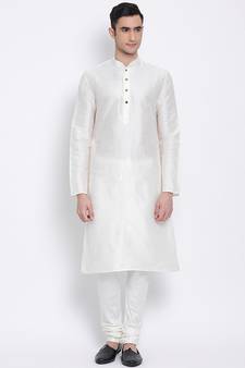 Mens Cream-Coloured Solid Straight Kurta