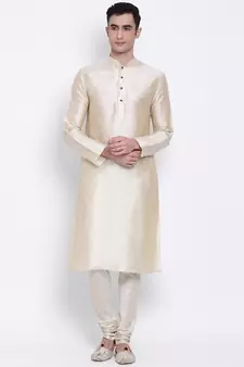 Mens Light Beige-Coloured Solid Straight Kurta