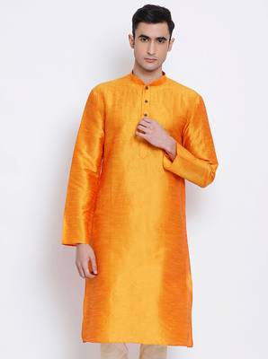 Mens Orange-Coloured Solid Straight Kurta 1