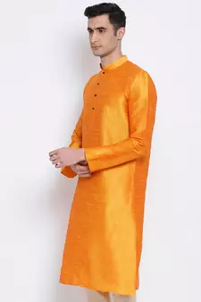 Mens Orange-Coloured Solid Straight Kurta