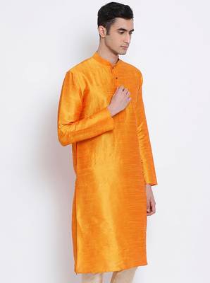 Mens Orange-Coloured Solid Straight Kurta 3