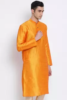 Mens Orange-Coloured Solid Straight Kurta
