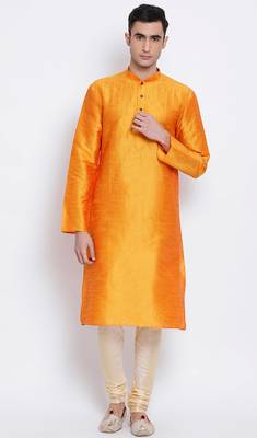 Mens Orange-Coloured Solid Straight Kurta 4