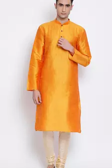 Mens Orange-Coloured Solid Straight Kurta