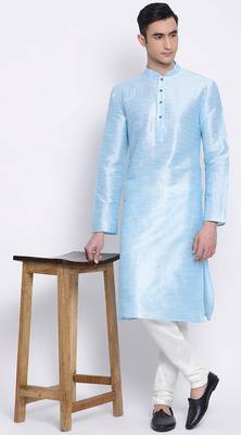 Mens Sky Blue-Coloured Solid Straight Kurta 1
