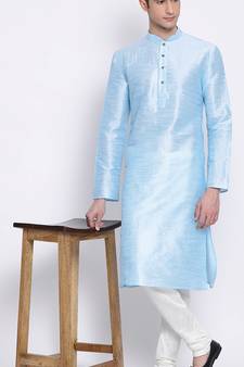 Mens Sky Blue-Coloured Solid Straight Kurta