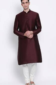 Mens Wine-Coloured Solid Straight Kurta