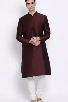 Mens Wine-Coloured Solid Straight Kurta