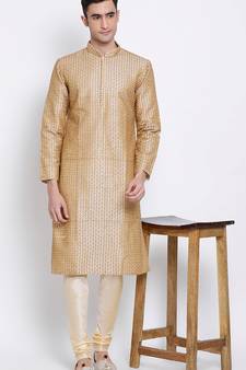 Mens Beige-Coloured Woven Design Straight Kurta