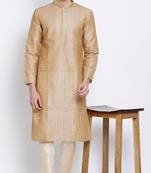 Mens Beige-Coloured Woven Design Straight Kurta
