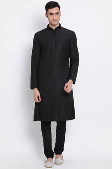 Mens Black-Coloured Solid Straight Kurta