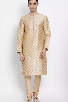 Mens Deep Beige-Coloured Woven Design Straight Kurta