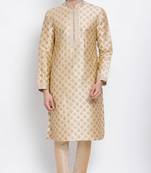 Mens Deep Beige-Coloured Woven Design Straight Kurta