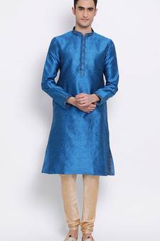 Mens Blue-Coloured Woven Design Straight Kurta