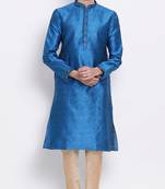 Mens Blue-Coloured Woven Design Straight Kurta