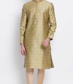 Mens Gold-Coloured Woven Design Straight Kurta