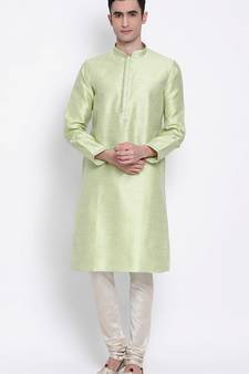 Mens Light Yellow-Coloured Woven Design Straight Kurta