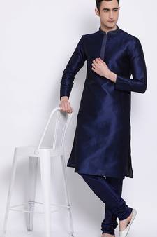 Mens Deep Blue-Coloured Blue Woven Design Straight Kurta