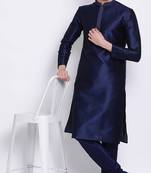 Mens Deep Blue-Coloured Blue Woven Design Straight Kurta