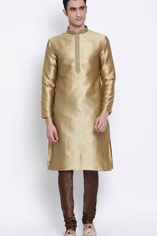 Mens Mehendi-Coloured Woven Design Straight Kurta