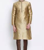 Mens Mehendi-Coloured Woven Design Straight Kurta