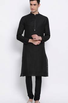 Mens Black-Coloured Woven Design Straight Kurta