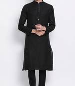 Mens Black-Coloured Woven Design Straight Kurta